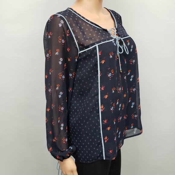 Abercrombie & Fitch Peasant Floral Top Sz S Navy Blue Long Sleeve Lace up Boho - Picture 4 of 13